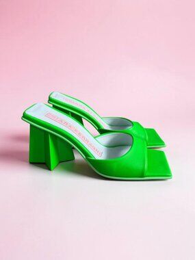 CHIARA FERRAGNI Neon Lime Green Leather Star Heels Sandals Size 37 / US 7